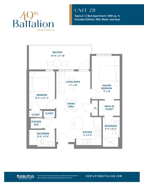 Floor plan for 2 beds, 2 baths, 809 sqft